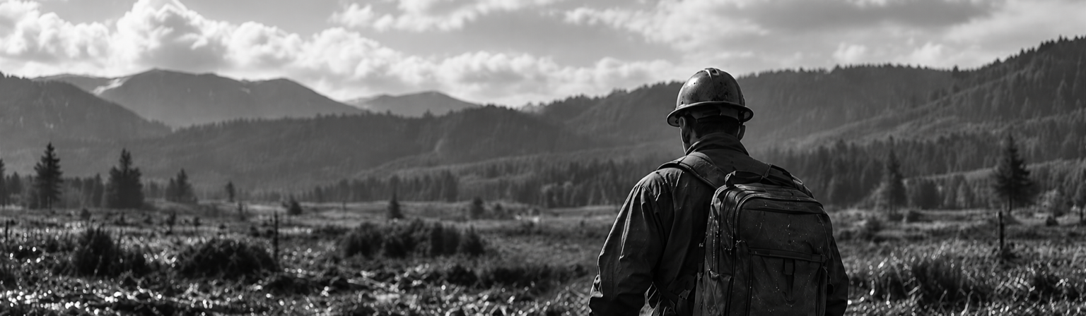 A worker in a hardhat looks across a field toward distant hills.