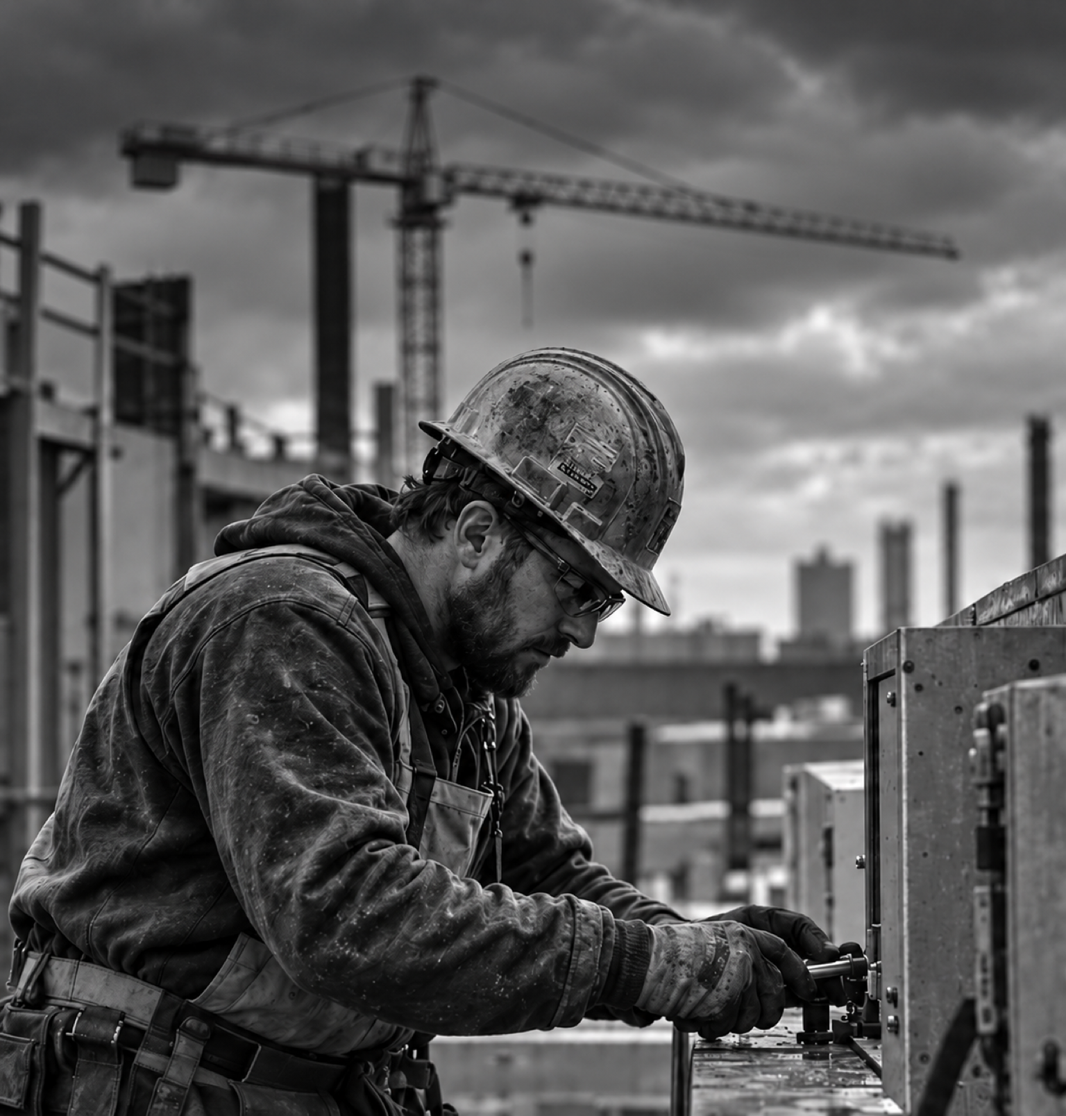 A worker fastening steel on a construction site. Concept photography.