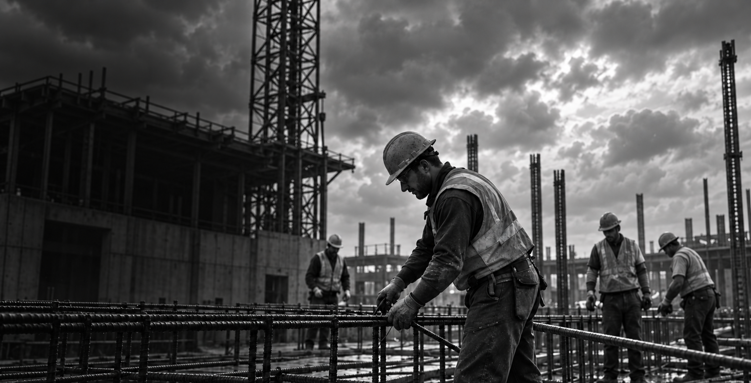 A construction crew tying reinforcing steel on a rain-soaked job site.