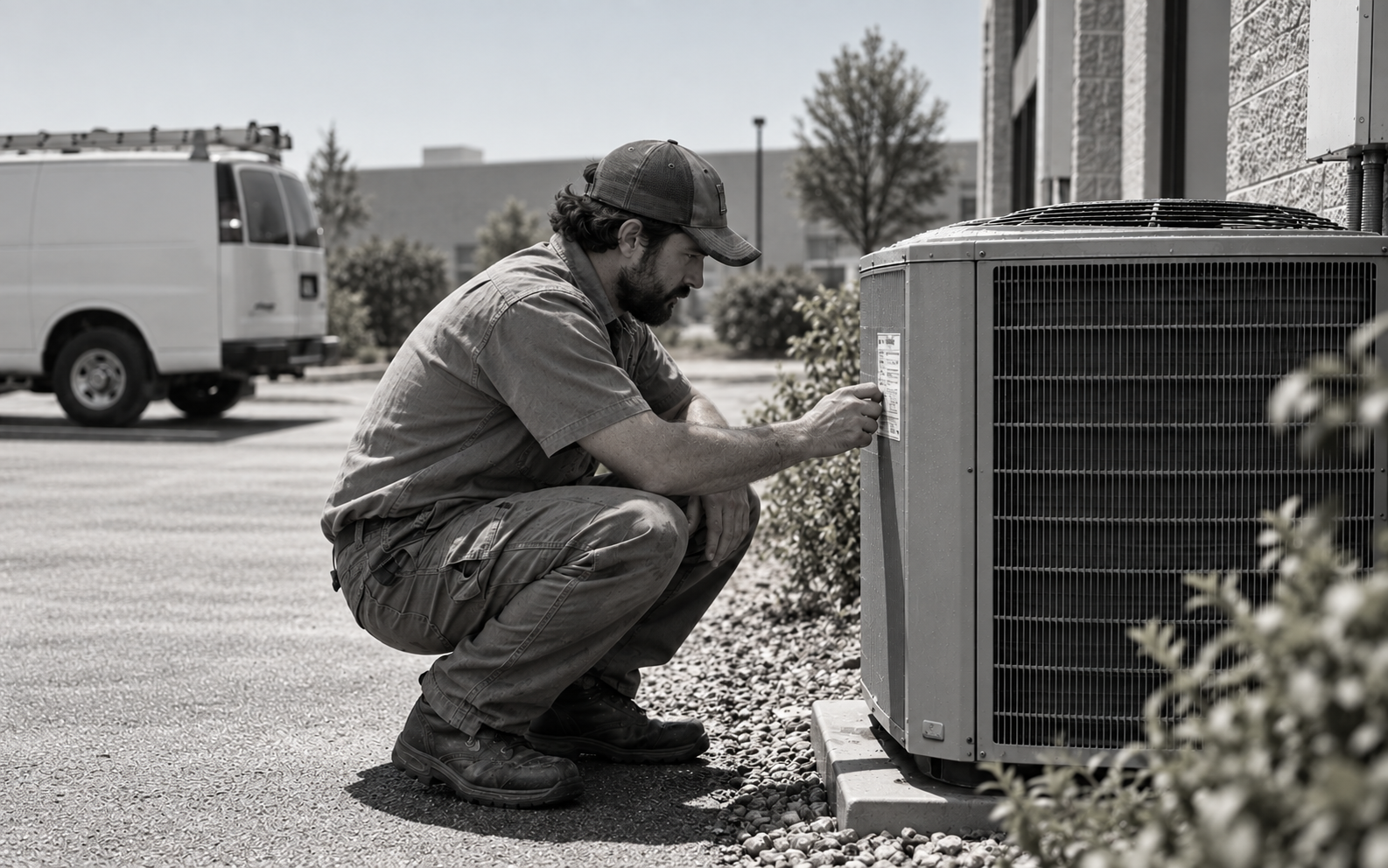 An HVAC technician in a short-sleeve work shirt checks an outdoor condenser on a hot, sunny day.