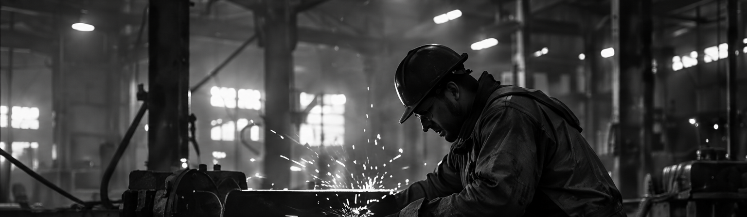 A steelworker on a mill floor, sparks falling from a machine.