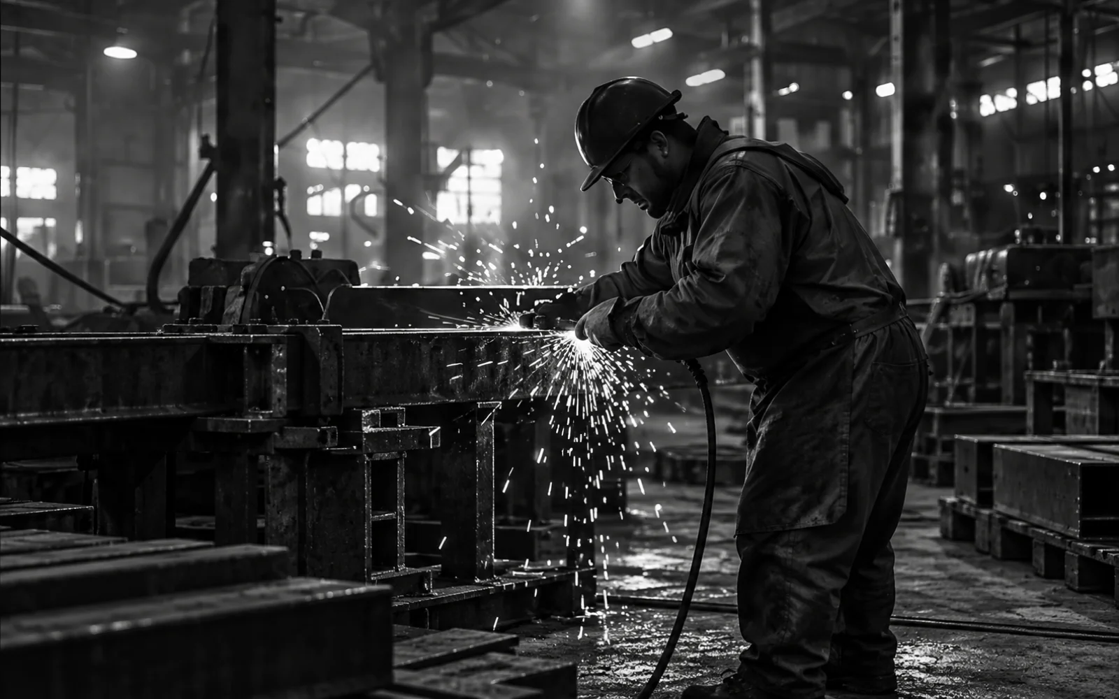 A machinist working with steel on a factory floor.