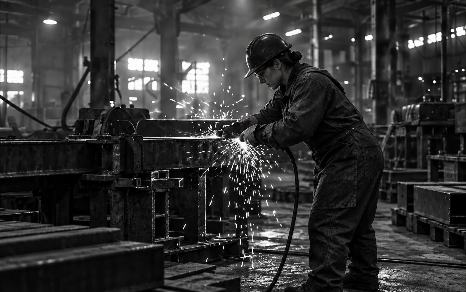 A woman in protective workwear shapes steel on a mill floor as sparks fall from the tool.