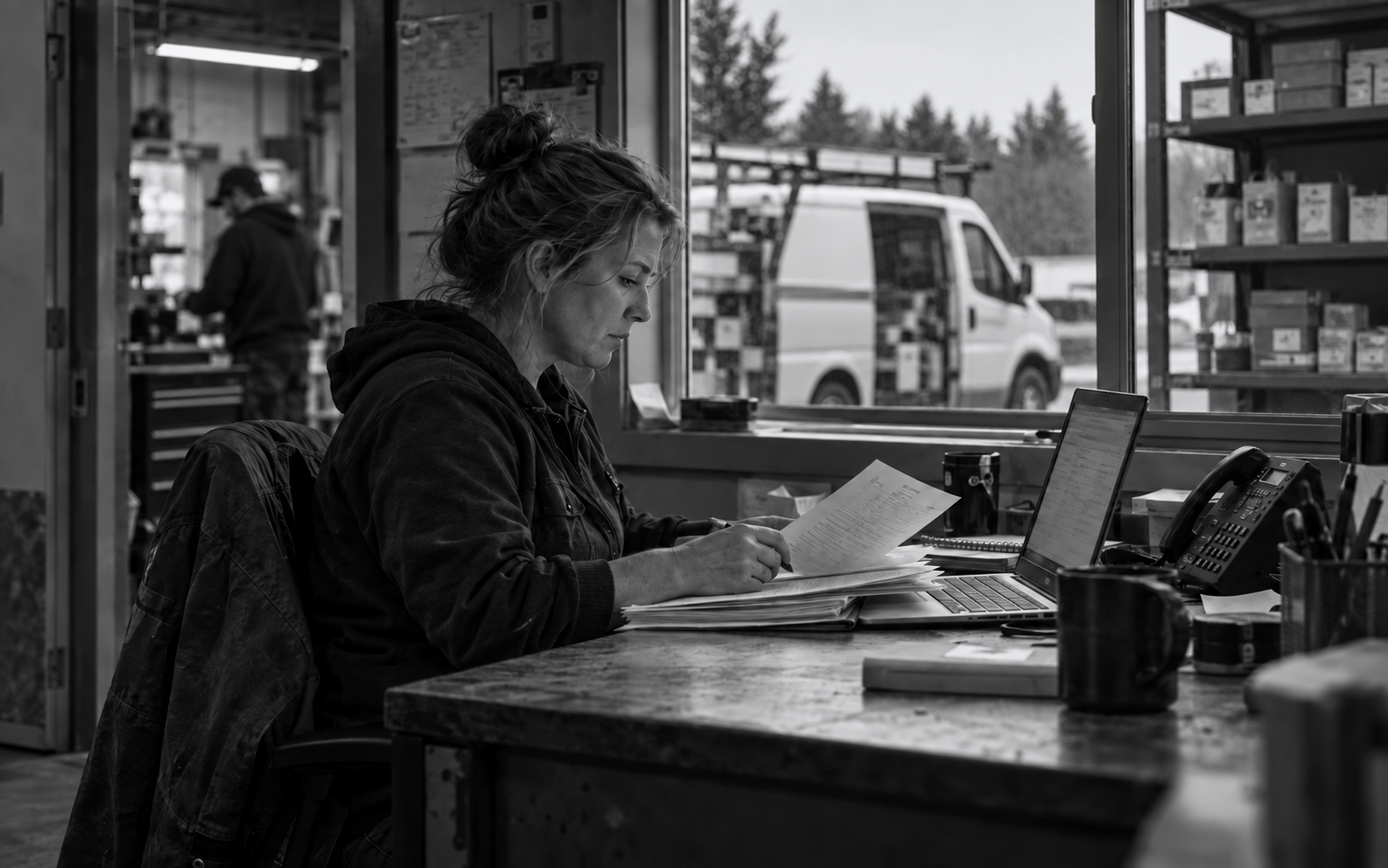An office coordinator reviews job paperwork beside a laptop and desk phone, with a work van outside a clear window.