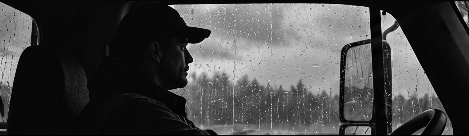 A driver in a work truck beside a rain-covered window.